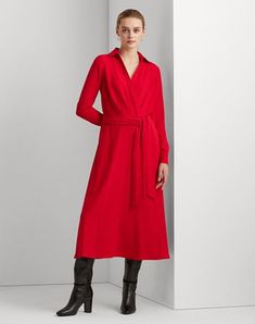 crepe, folds, belt, solid color, v-neck, long sleeves, buttoned cuffs, zipper closure, unlined, large sized , Color: Red , Size: 2 Elegant Solid Color Wrap Dress For Work, Fitted Long Sleeve Midi Dress With Belted Cuffs, Belted Long Sleeve Midi Dress For Fall, Fall Midi Length Belted Long Sleeve Dress, Long Sleeve Viscose Midi Dress For Formal Occasions, Formal Long-sleeve Midi Dress In Viscose, Chic Long Sleeve Viscose Midi Dress, Formal Long Sleeve Viscose Midi Dress, Formal Long Sleeve Midi Dress In Viscose