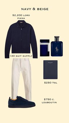 colours are navy blue and beige #fashion #outfits #style for men's Navy Blue Old Money Outfit Men, Navy Blue Aesthetic Outfit Men, Beige Sneakers Outfit Men, Navy Blue And Beige Outfit, Old Money Navy Blue, Navy Blue Outfit Men, Beige And Blue Outfit, Navy Inspiration, 750 Shein Gift Card