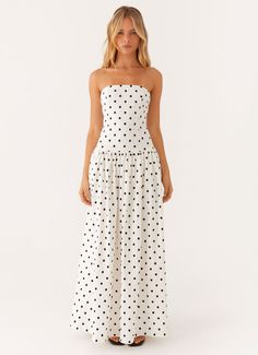 Andorra Maxi Dress - White Polkadot – Peppermayo US Everyday Long Dress, Peppermint Wide Strap Maxi Dress, Two Piece Dress Set, White Dress With Black Polka Dots, Polka Dot Prom Dress, White Italian Dress, White Maxi Dress Aesthetic, Senior Spring Break Outfits, Rush Preference Dresses