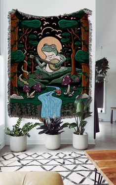 a tapestry hanging on the wall in a living room with plants and potted plants