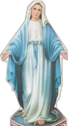 an image of the virgin mary on display in front of a white background with blue trim