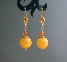 "Yellow and Carnelian Agate Earrings Round Drop Dangle Handmade Women Jewelry Gold Plated Leverbacks Length approx. 42mm  (1 5/8\") Width approx. 12mm (1/2\") Natural Yellow Agate Stone Carnelian agate" Earrings Beads, Yellow Agate, Carnelian Agate, Diy Jewlery, Rainbow Jewelry, Agate Earrings, Earrings Round, Yellow Earrings, Bracelet Tutorial