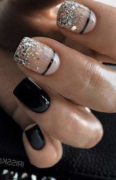 Party Nails Glitter, Black Gel Nails With Rhinestones, Black Glitter Wedding Nails, Black Nails With Diamonds Rhinestones, Black Sparkle Dip Nails, Black Nails With Silver Accent Nail, Black And Silver Dip Nail Designs, Colored French Nails, Thanksgiving Nails Design Fall