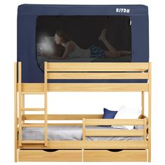 a child's bedroom with bunk beds and a blue screen behind it that says rivo