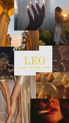 a collage of photos with the words leo written in gold and white on it