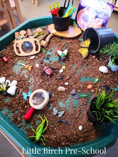 a green tray filled with dirt and toys