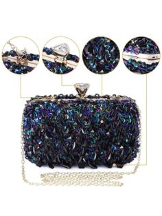 1.Material:The beautiful clutch handbag is made of sequins and transparent crystal beaded,bling, charming,fashionable and durable.
2.Capacity: 8.27 x 3.15 x 5.9 inches ( L*W*H ), nice size can fits in iPhone X, lipstick, mirror, a pack of tissuecards, cash, comb etc.
3.Feature:The clutch is noble and exquisite, all are handmade with  material. And is bling and sparkly under the light, please carefully consider whether you like bling items.
4.Chain-Strap: Removable noble chain strap for easy to c Bling Items, Vintage Glamour Wedding, Lipstick Mirror, Glamour Wedding, Rhinestone Jewelry Set, Glitter Bag, Acrylic Clutch, Clutches For Women, Wedding Clutch