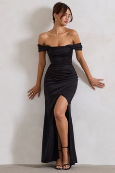 Bring the glamour to any special occasion in our black Kimberly maxi dress. Boasting a contouring corset, draped short sleeves and a bardot neckline, this dress is sure to make a statement and leave other guests envious. Carefully crafted in weighted satin and complete with a floor-sweeping fishtail skirt, Kimberly is the must-have maxi for weddings, birthdays and black tie events. Features - Premium satin fabric- Bardot neckline- Off-shoulder sleeves- Structured corset- Invisible zip closure - Corset Dress Formal, Black Dress Off The Shoulder, Black Tie Dresses, Black Tie Event Dresses, Pretty Fits, Ludovico Einaudi, Structured Corset, Black Tie Events, Midi Bridesmaid Dress