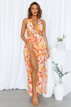 Fitted One-piece Summer Maxi Dress, Fitted One-piece Maxi Dress For Spring, Sleeveless Printed Maxi Dress Beach Cover-up, Fitted One-piece Maxi Dress For Vacation, Spring One-piece Maxi Dress, Fitted Orange Maxi Dress For Beachwear, Floral Maxi Dress For Beach, Floral Print Maxi Dress For Beach, Fitted Printed Maxi Dress For Beach Season