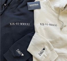 Soft unisex hoodies perfect to also wear as a matching couples partner his and hers hoodies, personalised with embroidery with your special date such as an anniversary date, in Roman numerals on the chest, plus the option to add each others initials to the sleeves too!  These hoodies make for the perfect and unique gifts for yourself and your special person,  Celebrate a special date, birthday , new baby, anniversary, valentines day,  christmas with your boyfriend girlfriend husband or wife or a Creative Gifts For Boyfriend, Cute Couple Gifts, Personalized Couple Gifts, Initial Gifts, Couples Hoodies