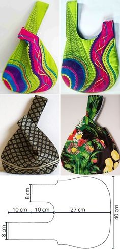 four different bags are shown with measurements for each bag and how to sew them