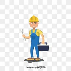 a man in overalls holding a wrench and tool box, cartoon character, person, construction worker png and psd