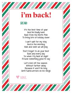 i'm back poem for christmas with candy canes on the bottom and red, green