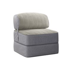 a gray chair that is sitting up against a white background with the seat cushion down