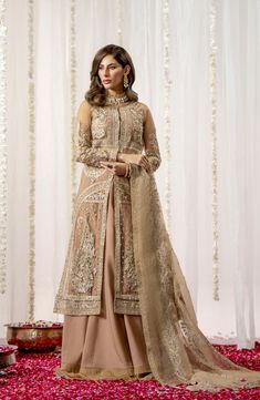 Luxury Beige Embroidered Pakistani Wedding Dress Gown Style Pishwas Blue And Beige Outfit, Shadi Dress, Wedding Dress Gown, Shadi Dresses, Frock Style, Pakistani Wedding Dress, Gown Style, Beige Outfit, Maria B