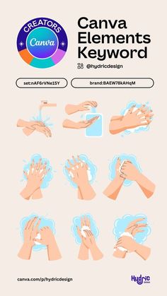 the instructions for how to wash your hands with soap and hand sanitizer, canva elements keyword