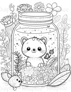 a coloring page with a cat in a jar filled with flowers and plants, surrounded by other