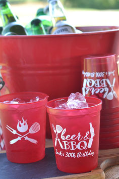 Translucsent red 16 oz stadium cups personalized for summer birthday barbeque with beer and bbq design and custom text in white print Beach Picnic Party, Birthday Party Cups, Plastic Party Cups, Camping Theme Party, Fiesta Theme Party, Stadium Cups, Summer Birthday Party, Drink Beer