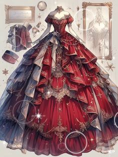 Red Dress Illustration Fashion, Red Princess Dress Fairytale, Princess Dress Red, Magic Dress, Large Dresses