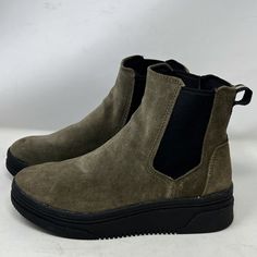 Women's Solid Green With Black Elastic Chelsea Style Boots. Uppers Are Suede. Features Include Pull Straps, Wedge Sole. Size 8m. Chelsea Boots Women, Dr. Scholl's, Solid Green, Style Boots, Green Suede, Chelsea Boots, New Color, Bootie Boots, Chelsea