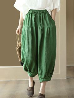 Plus Size Women Summer Solid Pocket Pleat Drawstring Harem Pants Pants Style, Linen Style, Pants Length, Luxembourg, Latvia, Retro Outfits, Handmade Clothes, Slovenia, Fashion Pants