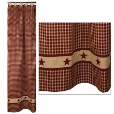 This is a new cotton woven shower curtain that is wine and tan plaid with appliqued stars on the bottom. It measures 72" x 72".  Machine wash cold, line dry. Shipping will be free USPS First Class. Star Shower Curtain, Primitive Farmhouse Bathroom, Bathroom Tan, Star Shower, Primitive Farmhouse, Tan Plaid, Farmhouse Bathroom, Valance Curtains, Cotton Weaving