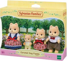 three little bears are standing in front of a box with flowers and trees on it