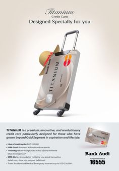 an advertisement for a credit card that is designed to look like a suitcase with a bow on it