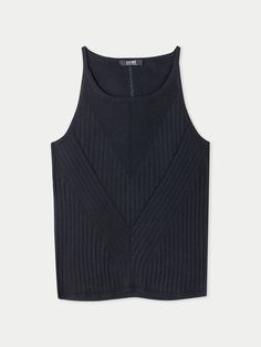 Meticulously crafted, our Silk Cashmere Sleeveless Top forms a double-V shape, displaying an intricate pattern that redefines contemporary sophistication. The sleeveless cut adds a touch of allure, making this top an ideal choice for warmer days or as a chic layering piece. Modern Stretch Black Tank Top, Modern Black Seamless Tops, Modern Fitted Black Vest, Modern Sleeveless Tops For Layering, Fitted Modern Black Tank Top, Modern Black Fitted Vest, Modern Black Tank Top For Spring, Modern Black Sleeveless Top, Modern Black Sleeveless Vest