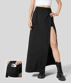 Women’s Breezeful™ High Waisted Split 2-in-1 Side Pocket Flowy Maxi Quick Dry Casual Skirt - Halara Bleach Wash, One Star, Casual Skirt, Bottom Clothes, Side Pocket, Quick Dry, Inside Out, Split, High Waisted