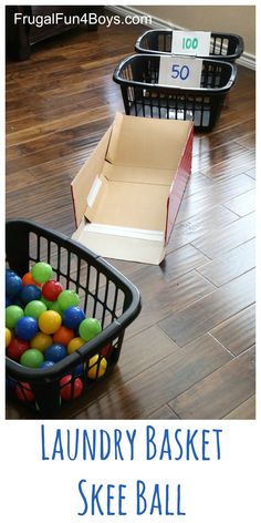 two boxes with balls in them on the floor next to a basket full of toys