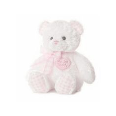 a white teddy bear with a pink bow around its neck and the words i'm my baby written on it