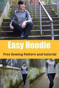 a woman sitting on some steps with the text easy hoodie free sewing pattern and video