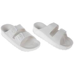 Size: Women's 8 Material: Foam & Plastic Color: White UPC: 197712123742 Quantity: 1 Pair Walk though flower fields in comfortable style by wearing these Double Strap Buckle Slide Sandals. These sandals feature contoured soles to follow the shape of your feet. There are two straps with buckles so you can make sure they fit comfortably. Slip these sandals on and experience the sweet sights of spring! White Adjustable Jelly Sandals For Spring, Comfortable White Jelly Sandals For Summer, Adjustable White Jelly Sandals For Summer, White Adjustable Jelly Sandals For Summer, White Footbed Sandals With Round Toe For Summer, White Adjustable Jelly Sandals With Round Toe, White Round Toe Footbed Sandals For Summer, White Footbed Sandals With Buckle Closure For Summer, Summer White Footbed Sandals With Buckle Closure