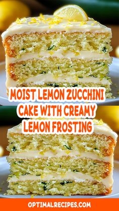 two slices of lemon zucchini cake with cream cheese frosting