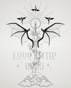 ACOTAR based tattoo for Catherine 🦇she wanted a couple Wyverns thrown in there as well for TOG 🌙 I’m loving the little clouds at the bottom! I want to do more clouds ✨ #acotar #acotarfanart #tattoodesign Tog And Acotar Tattoo, Illiryans Tattoo Acotar, Valkyrie Acotar Tattoo, Acotar And Fourth Wing Tattoo, Fourth Wing And Acotar Tattoo, Acotar Tattoo Design, Bookish Spine Tattoo, Valkyrie Tattoo Acotar, Acotar Line Art