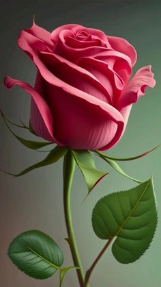 a single pink rose with green leaves on a gray and green background is the focal point for this image