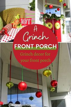 the front porch is decorated for christmas with ornaments hanging from it