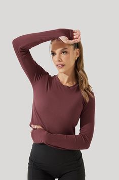 Refine Long Sleeve Top - Rose Clay – POPFLEX® Versatile Long Sleeve Everyday Activewear, Basic Stretch Activewear For Fall, Fall Stretch Long Sleeve Top In Athleisure Style, Fall Stretch Long Sleeve Athleisure Top, Long Sleeve Fall Activewear, Everyday Long Sleeve Fall Activewear, Versatile Fall Activewear, Versatile Everyday Fall Activewear, Versatile Fall Activewear For Everyday Use