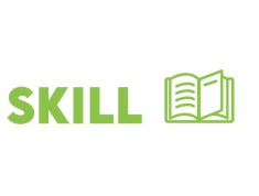 the words skill and an open book are shown in green letters on a white background