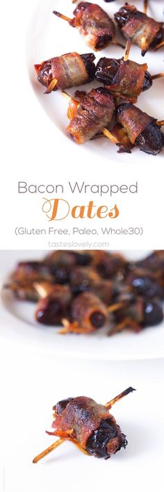 bacon wrapped dates on a white plate