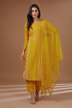 Mustard yellow three fourth sleeves A-line kurta with clover dabka, thread, sequin embroidery on the placket and princessline. Paired with a straight pant and floral embroidered scallop border organza dupatta. - Aza Fashions Scallop Border, Kurta Pant Set, A Line Kurta, Sequin Embroidery, Straight Kurta, Organza Dupatta, Kurta With Pants, Sequins Embroidery, Fashion App