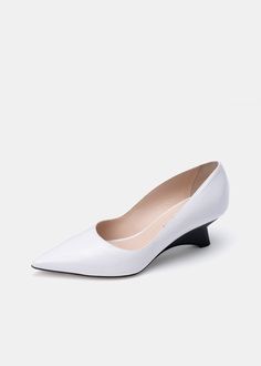 Pointy toe wedge pump in white patent with black heel White Court Shoes With Padded Heel, White Kitten Heels With Contrasting Heel Counter, White High Heel Court Shoes For Office, White Patent Leather Heels With 4-inch Heel, White Closed Toe Heels For Office, White Patent Leather Pointed Toe Heels, White Almond Toe Heels For Office, White Kitten Heels With 4-inch Heel For Formal Occasions, White Classic Kitten Heels With Sculpted Heel