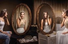 a woman in a white dress is looking at herself in the mirror