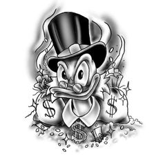 a cartoon character with a top hat and bow tie in front of a pile of money