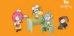 the cartoon characters are standing on small stools with plates in their hands and one is holding a pizza