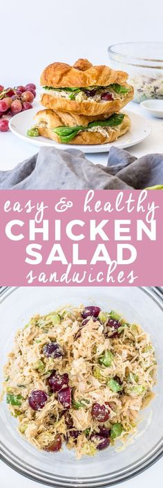 chicken salad with cranberries and lettuce on the side is shown in this collage