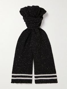 DESIGNED BY MR PORTER. The materials used for Mr P.'s collections are always carefully considered. This Donegal scarf is rib-knitted from thick merino wool, blended with just a touch of wool to enhance the warm, cosy feel. The stripes at the end give it a fresh, collegiate feel. Black Scarves, Scarf For Men, Mr P, Black Scarf, Scarf Men, Scarf Design, Wool Scarf, Mr Porter, Scarf Print