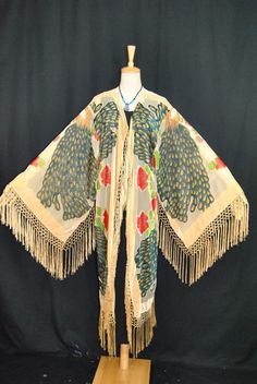 Classic Beige Peacock Hippie Sheer Burnout Kimono Fringe Jacket Velvet Duster XL Sheer Coat, Velvet Fringe Kimono, Velvet Duster, Opera Coat, Velvet Kimono, Fringe Kimono, Beige Boho, Burnout Velvet, Velvet Coat