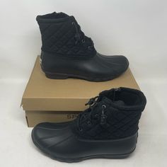 Sperry Women’s Saltwater Duck Boots, Black / Gray Black Synthetic Ankle Waterproof Boots, Black Synthetic Ankle-high Waterproof Boots, Black Synthetic Waterproof Boots With Round Toe, Black Waterproof Boots With Round Toe, Black Synthetic Waterproof Boots, Black Insulated Ankle-high Waterproof Boots, Black Lace-up Waterproof Synthetic Boots, Black Lace-up Synthetic Waterproof Boots, Casual Black Weatherproof Boots